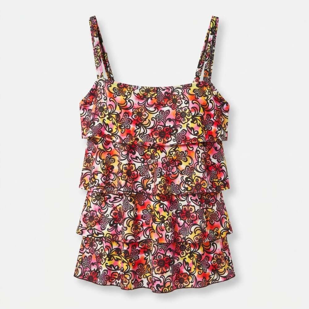 A Shore Fit Floral Tiered Tankini Swim Top Size 18